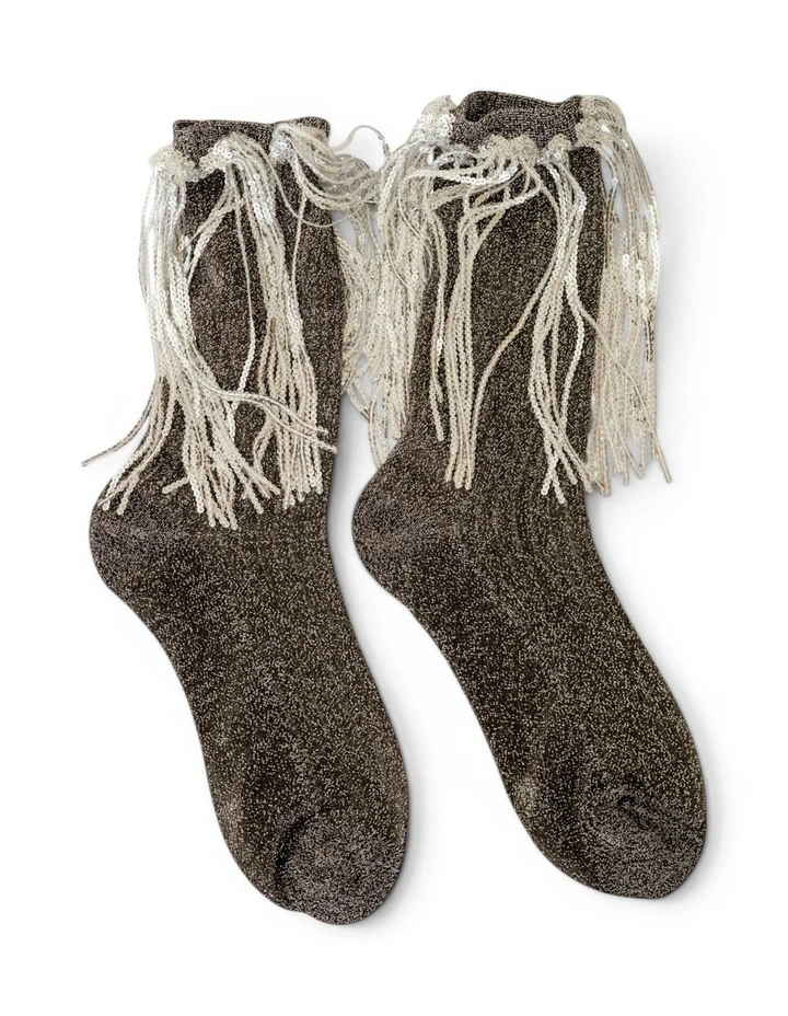 Stevie Metallic Lurex Socks With Glitter Fringe in Black image 1