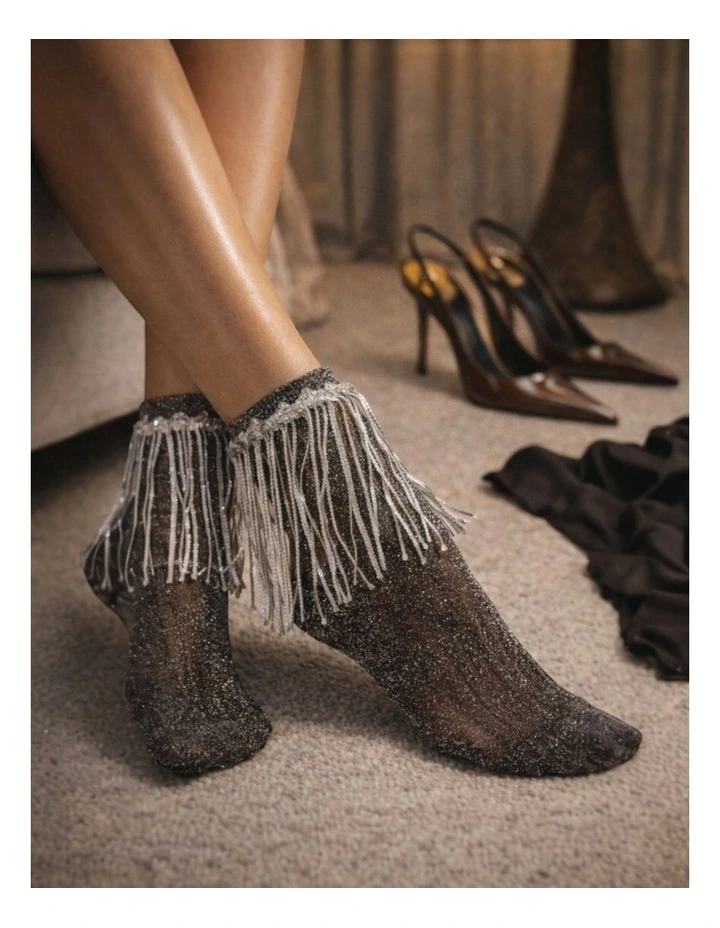 Stevie Metallic Lurex Socks With Glitter Fringe in Black image 2