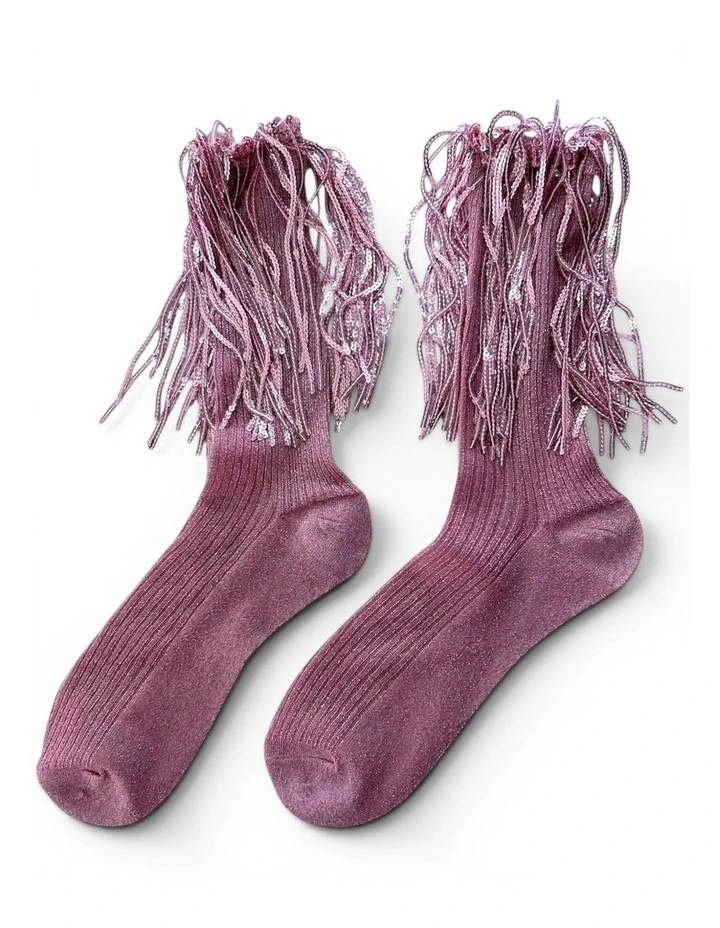 Stevie Metallic Lurex Socks With Glitter Fringe in Pink image 1
