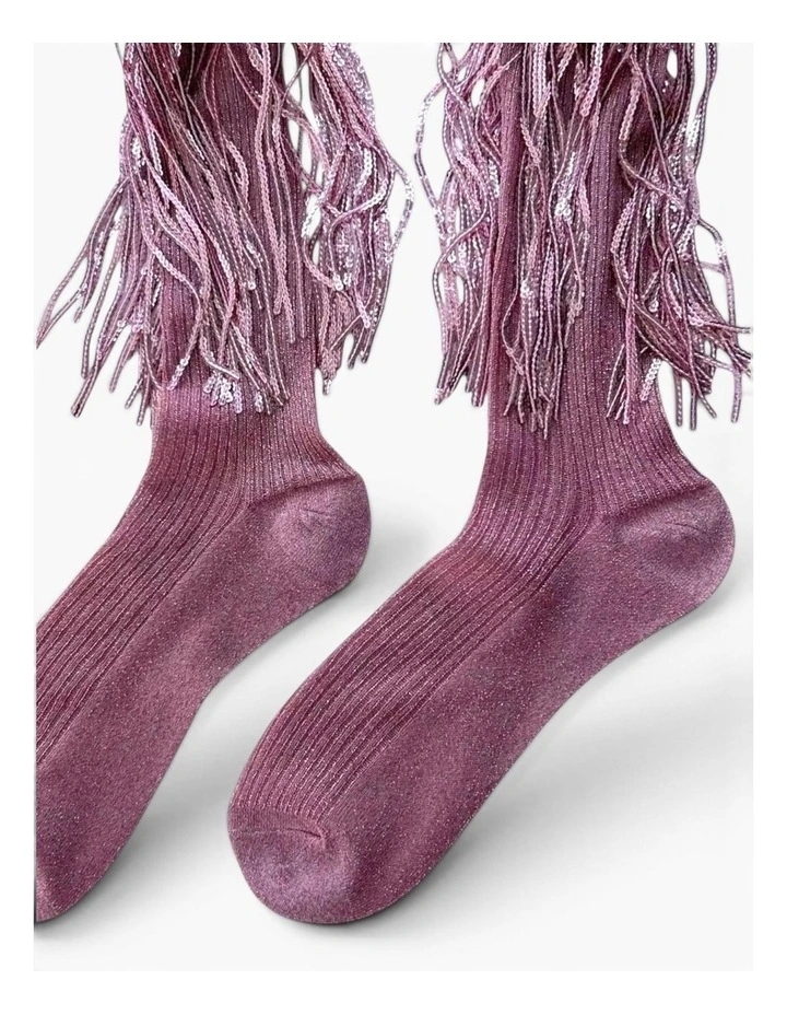Stevie Metallic Lurex Socks With Glitter Fringe in Pink image 3