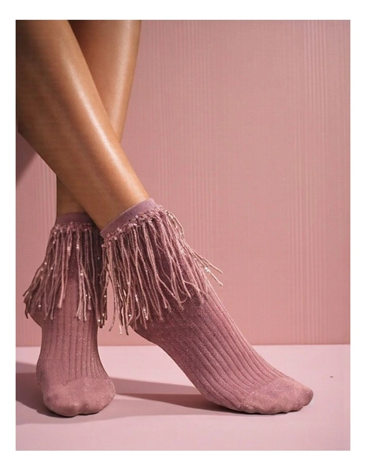 Stevie Metallic Lurex Socks With Glitter Fringe in Pink image 4