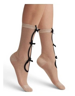 Lurex Velvet Bow Socks in Beige