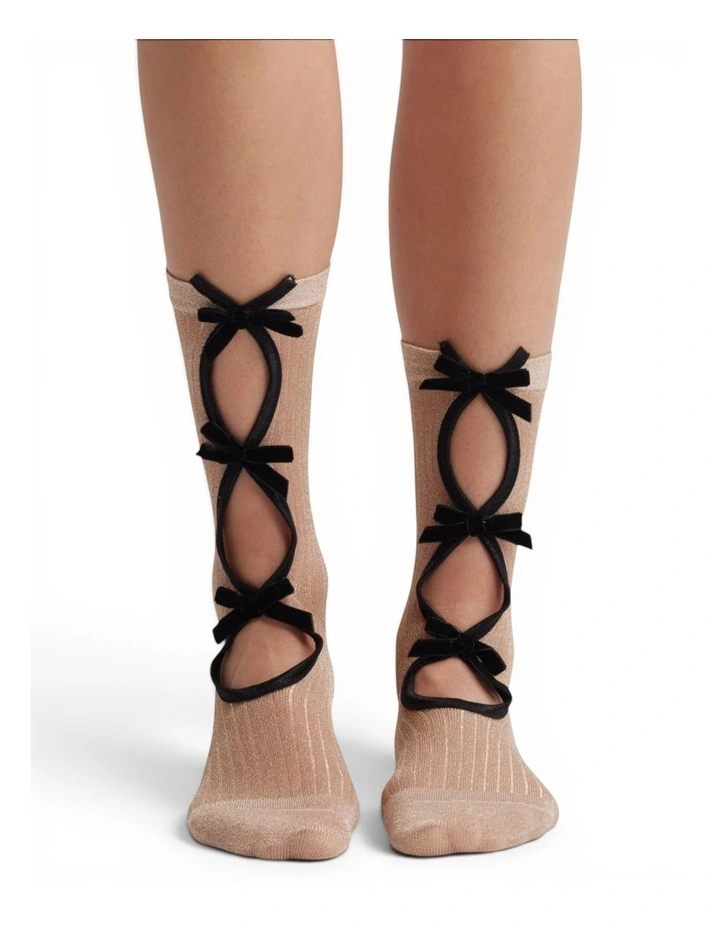 Lurex Velvet Bow Socks in Beige image 2