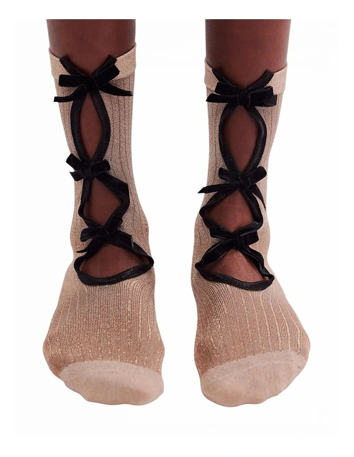Lurex Velvet Bow Socks in Beige image 3