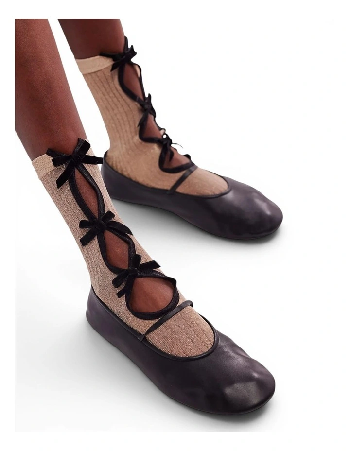 Lurex Velvet Bow Socks in Beige image 4