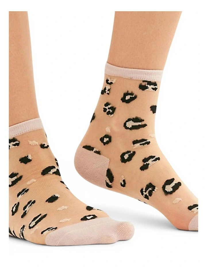 Leopard Print Sheer Socks in Beige image 3