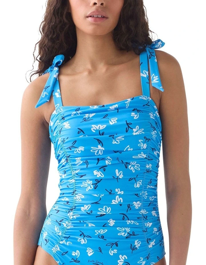 Sketched Blooms Print Shirred Square Neck Swimsuit image 3