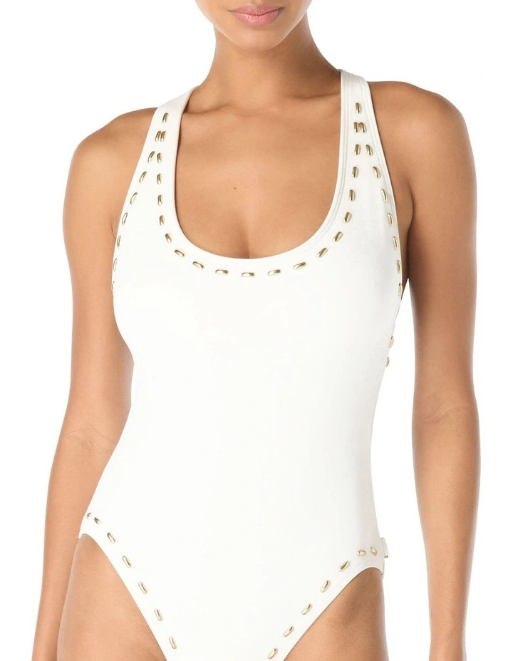 Gold Studded Padded Cup One-Piece Racerback Swimsuit image 3