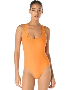 Gold Studded Padded Cup One-Piece Racerback Swimsuit