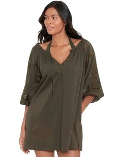 Beach Club Solids Embroidered Cotton Beach Dress Cover Up