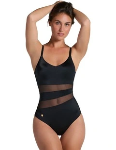 Padded One-Piece Shaping Swimsuit with Mesh Stripes