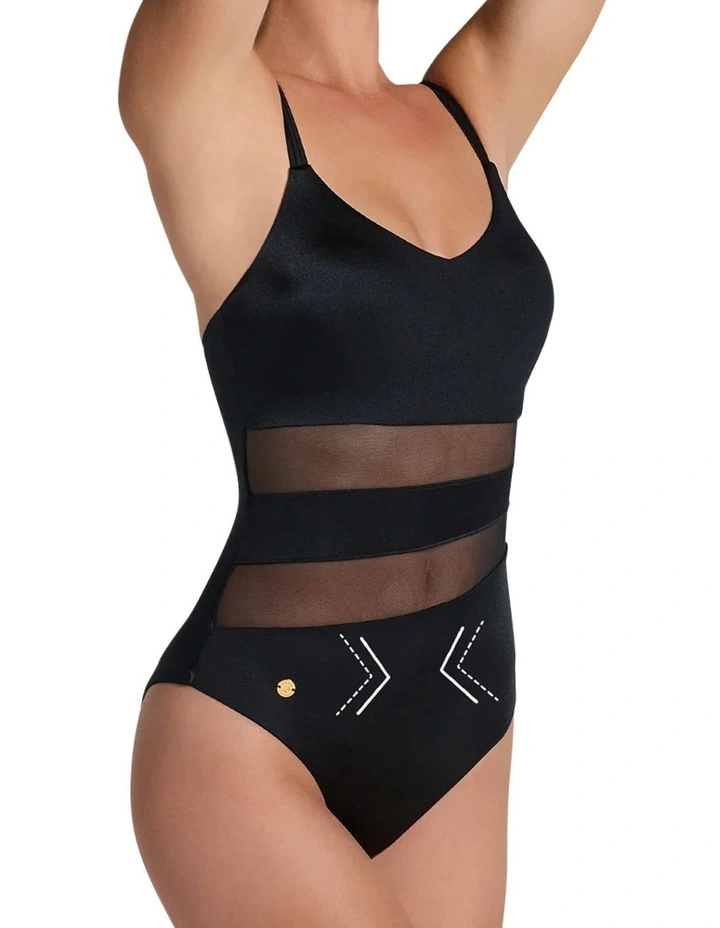 Padded One-Piece Shaping Swimsuit with Mesh Stripes image 6