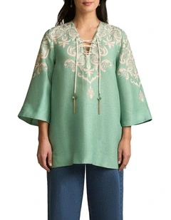 French Linen Tassel Kaftan - Gold Border Print