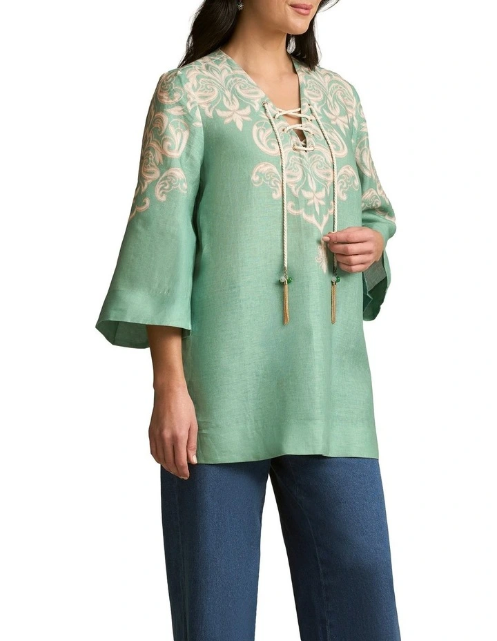 French Linen Tassel Kaftan - Gold Border Print image 3