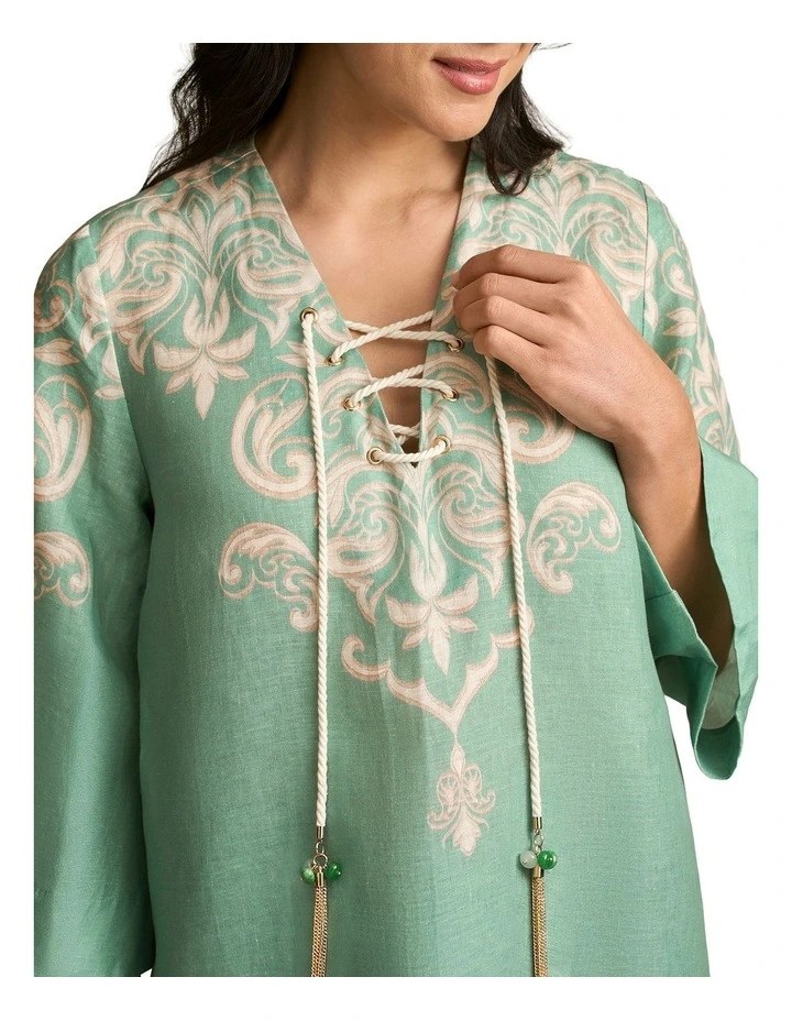 French Linen Tassel Kaftan - Gold Border Print image 4