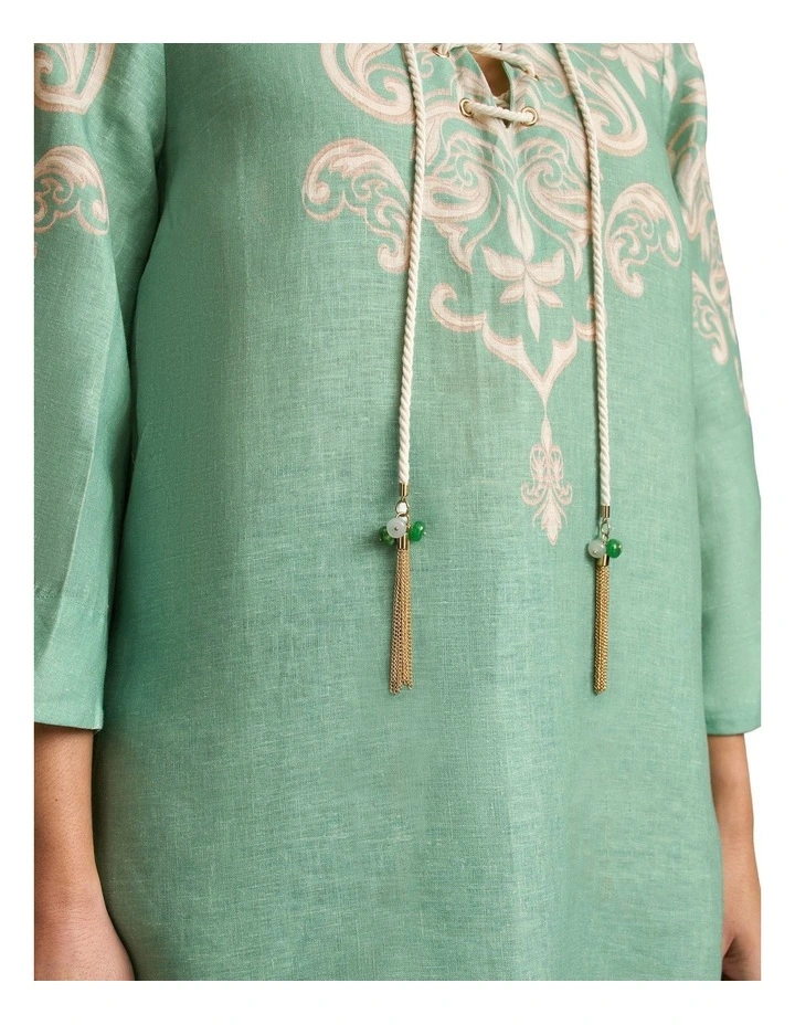 French Linen Tassel Kaftan - Gold Border Print image 5