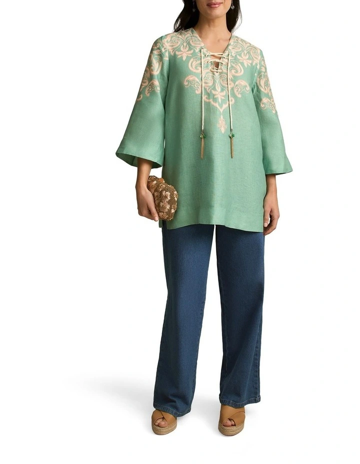 French Linen Tassel Kaftan - Gold Border Print image 6