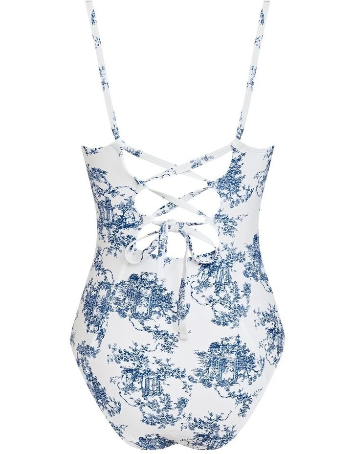 Toile Ruched Lace-Up Back One Piece Swimsuit image 5