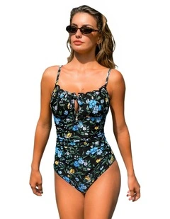 Floral Ruched Tie Front One Piece Swimsuit