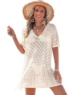 Open Knit V-Neck Beach Cover Up Top