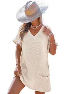 Textured V-Neck Beach Cover Up Tunic