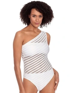 Ottoman Stripe Solid & Sheer One Shoulder Swimsuit