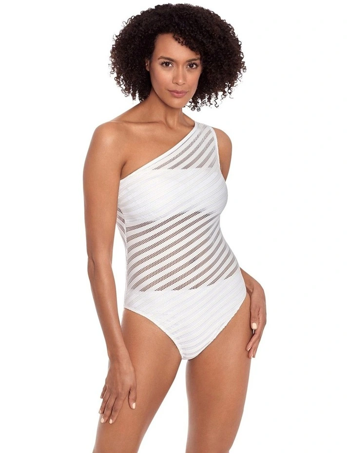 Ottoman Stripe Solid & Sheer One Shoulder Swimsuit image 4