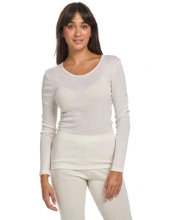 Pure Merino Wool Long Sleeve Thermal Top in Ivory
