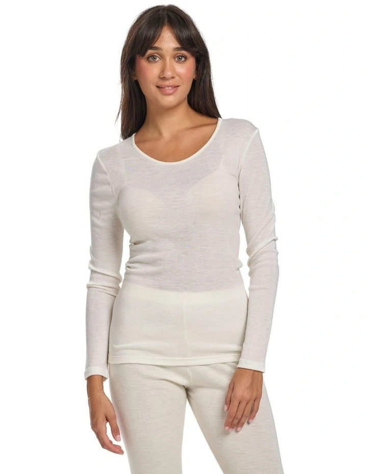 Pure Merino Wool Long Sleeve Thermal Top in Ivory image 1