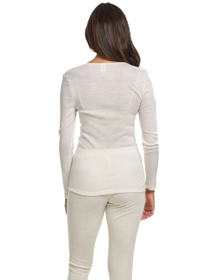 Pure Merino Wool Long Sleeve Thermal Top in Ivory image 2
