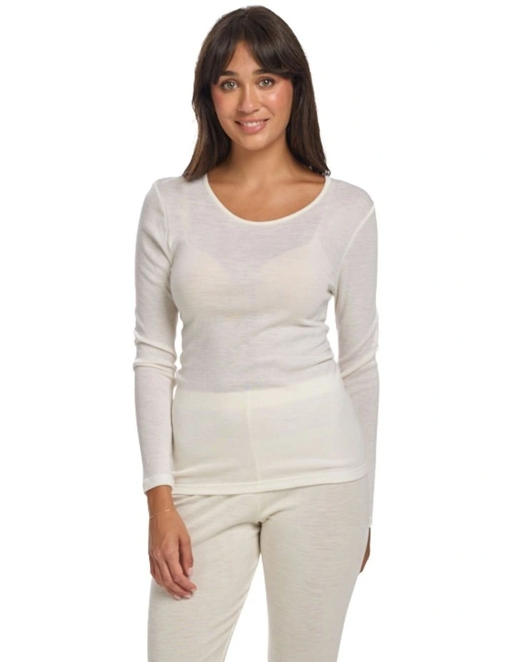 Pure Merino Wool Long Sleeve Thermal Top in Ivory image 3