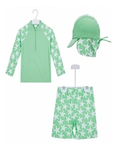 Big Softies 3pc-L/S Rashie, Short & Hat,Green starfish