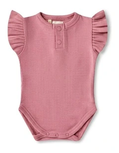 Jewel Pink Rib Short Sleeve Organic Bodysuit with Frill