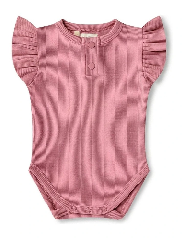 Jewel Pink Rib Short Sleeve Organic Bodysuit with Frill image 1