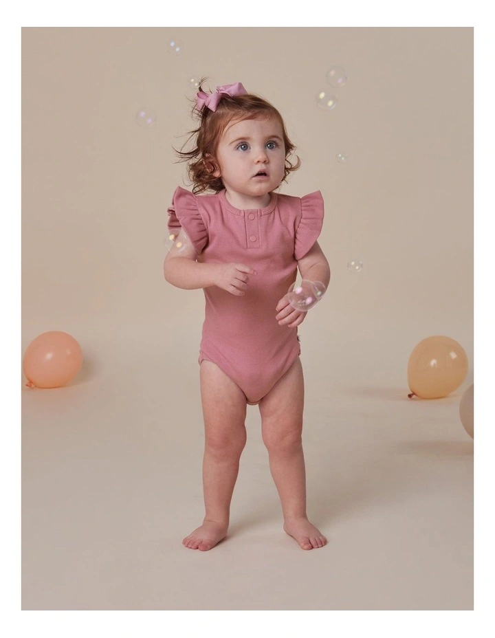 Jewel Pink Rib Short Sleeve Organic Bodysuit with Frill image 2