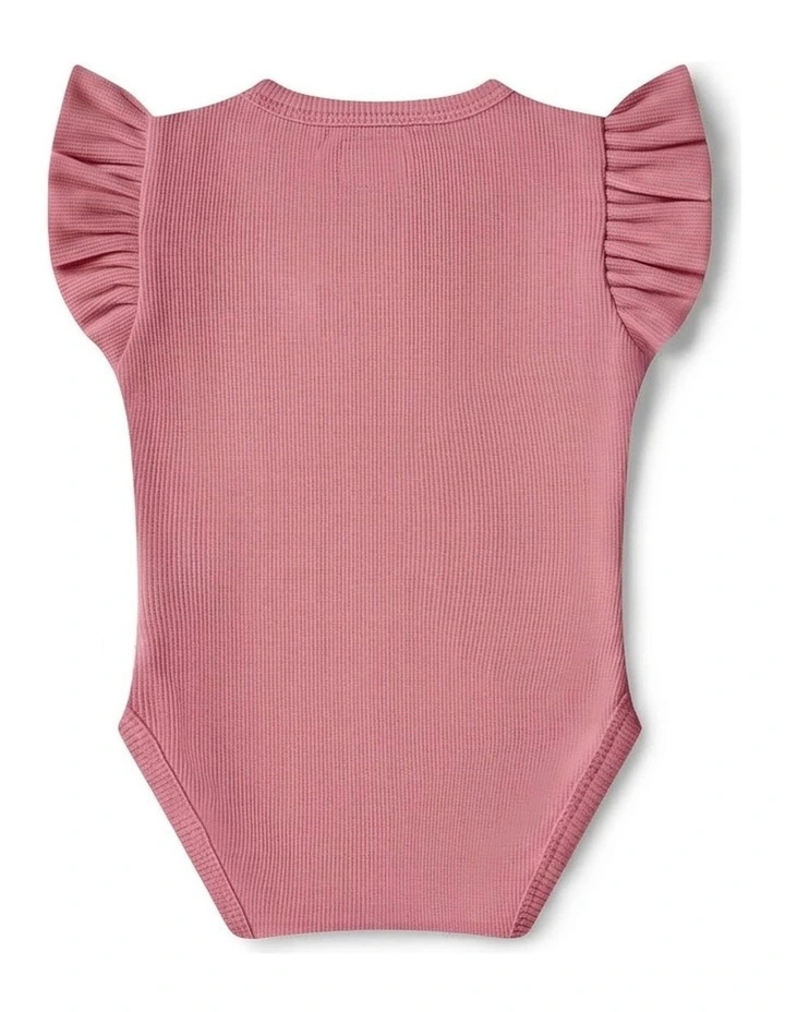 Jewel Pink Rib Short Sleeve Organic Bodysuit with Frill image 3