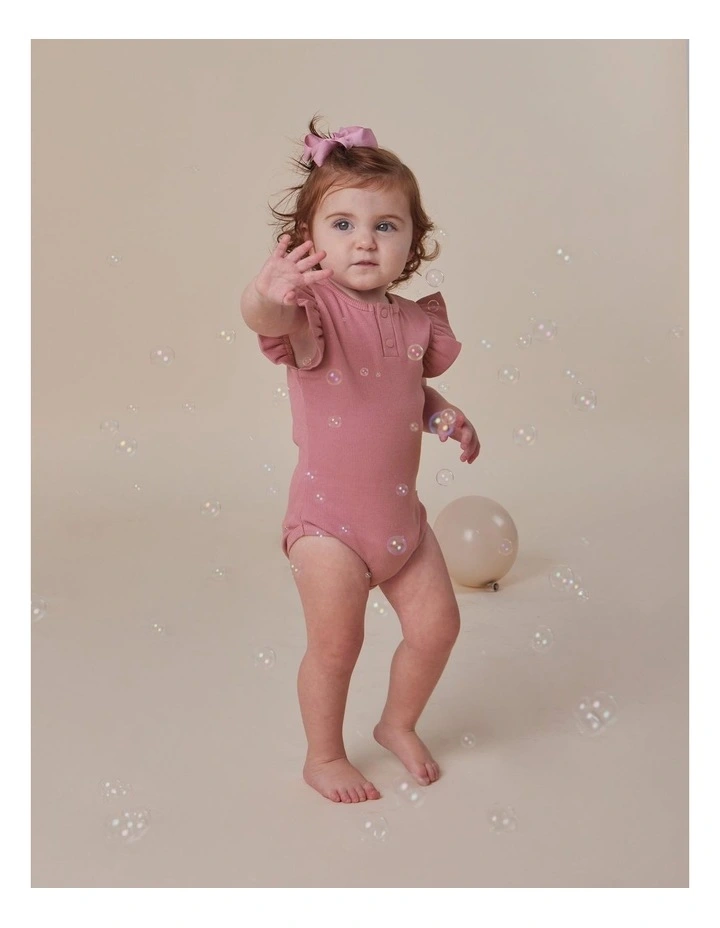 Jewel Pink Rib Short Sleeve Organic Bodysuit with Frill image 4