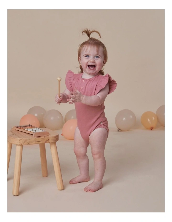 Jewel Pink Rib Short Sleeve Organic Bodysuit with Frill image 5