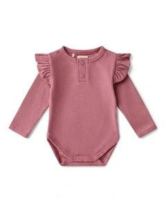 Jewel Pink Rib Long Sleeve Organic Bodysuit with Frill