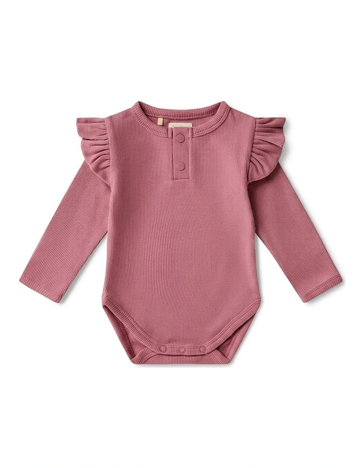 Jewel Pink Rib Long Sleeve Organic Bodysuit with Frill image 1