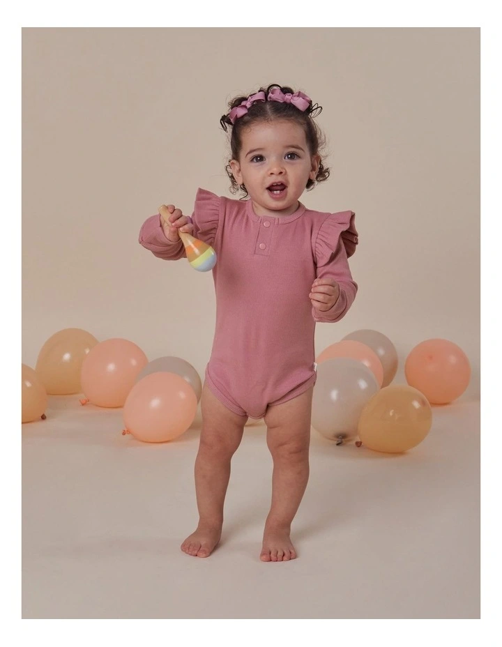 Jewel Pink Rib Long Sleeve Organic Bodysuit with Frill image 2