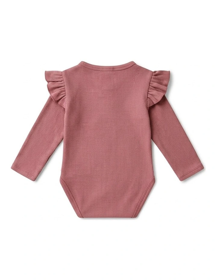 Jewel Pink Rib Long Sleeve Organic Bodysuit with Frill image 3