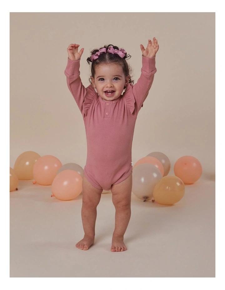 Jewel Pink Rib Long Sleeve Organic Bodysuit with Frill image 4