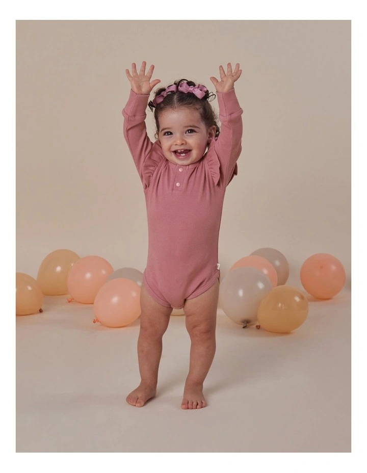 Jewel Pink Rib Long Sleeve Organic Bodysuit with Frill image 5