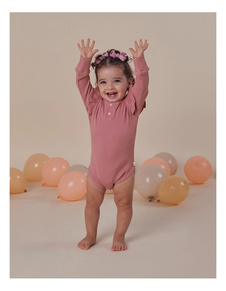 Jewel Pink Rib Long Sleeve Organic Bodysuit with Frill image 6