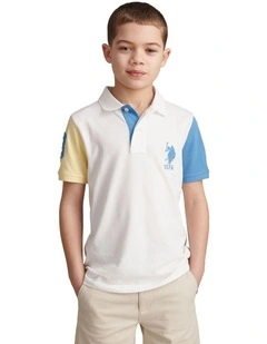 Boys Player 3 Colour Block Pique Polo Shirt in Bright White