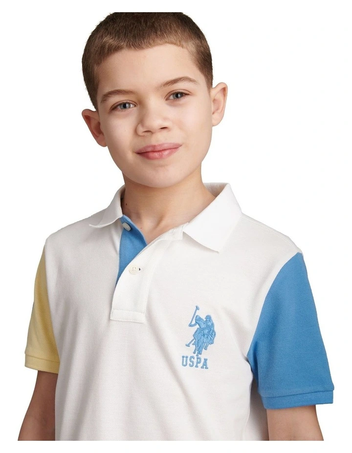 Boys Player 3 Colour Block Pique Polo Shirt in Bright White image 2