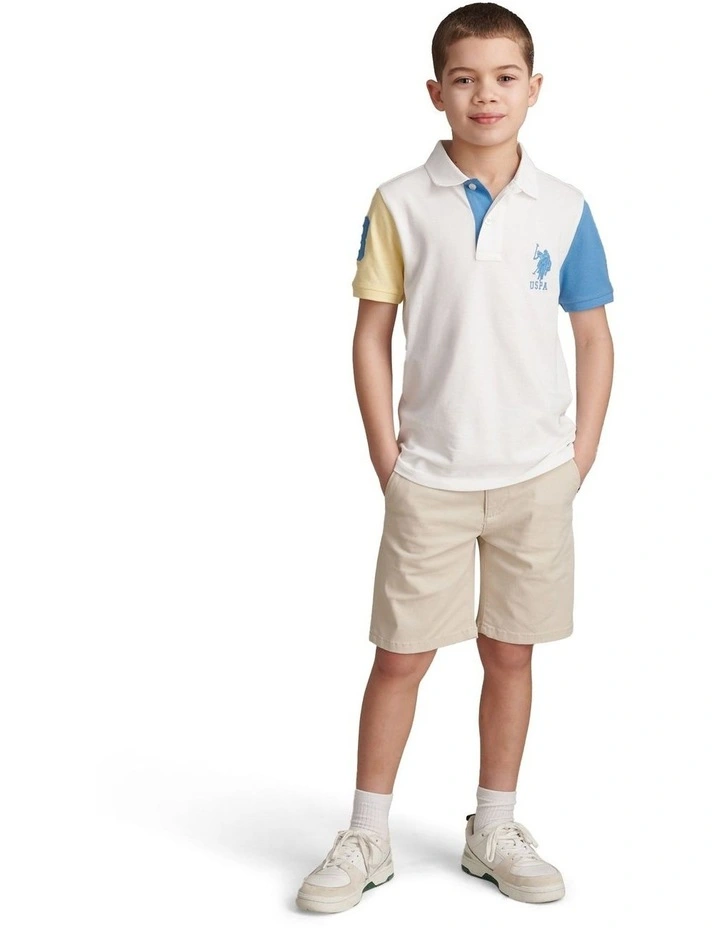 Boys Player 3 Colour Block Pique Polo Shirt in Bright White image 3