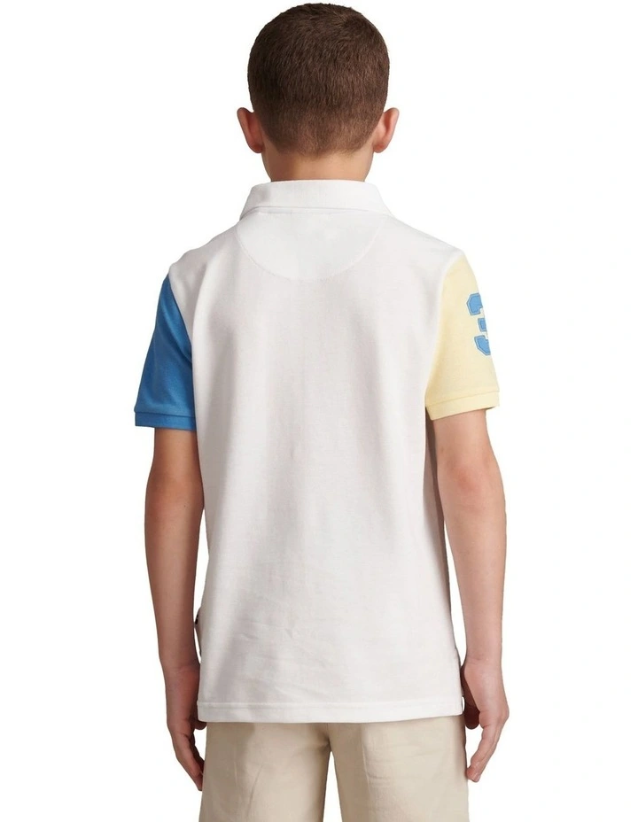Boys Player 3 Colour Block Pique Polo Shirt in Bright White image 4