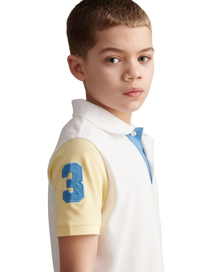 Boys Player 3 Colour Block Pique Polo Shirt in Bright White image 5